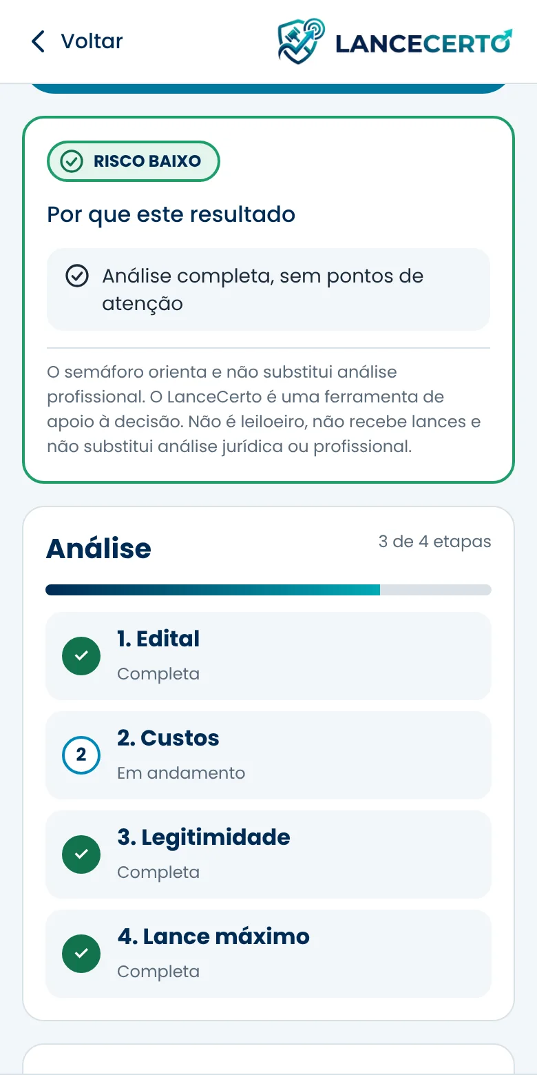 Semáforo de risco baixo com os motivos do resultado e as 4 etapas da análise.